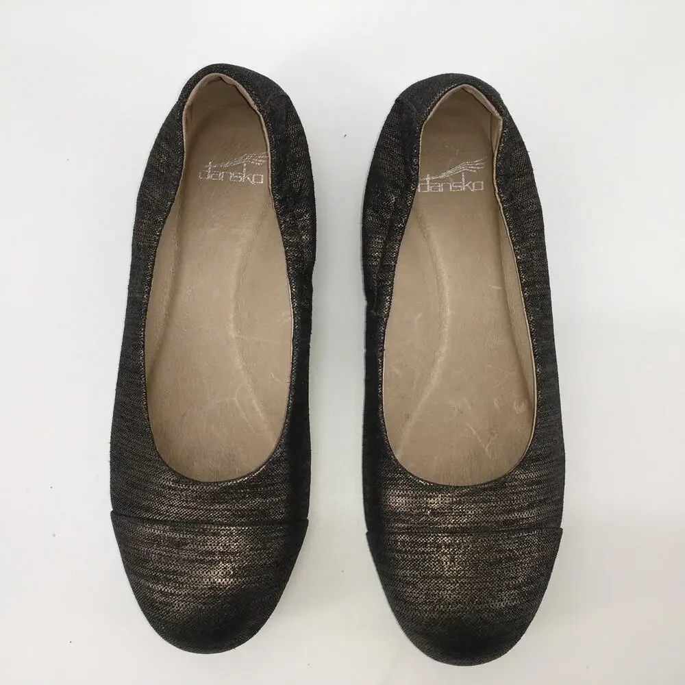 Dansko Lisanne Ballet Flat Pewter Leather Womens 38 7.5-8 Metallic Gold Black